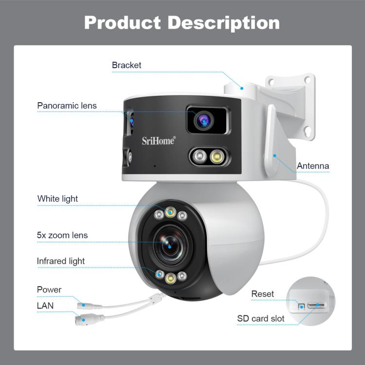 SriHome SH055 8MP HD Multi-lens 5X Optical Zoom Lens Panoramic PTZ Dome Camera SriHome SH055 8MP HD Multi-lens 5X Optical Zoom Lens Panoramic PTZ Dome Camera